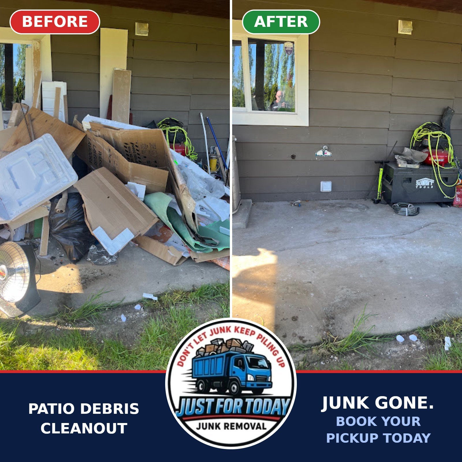 Patio debris cleanout before and after