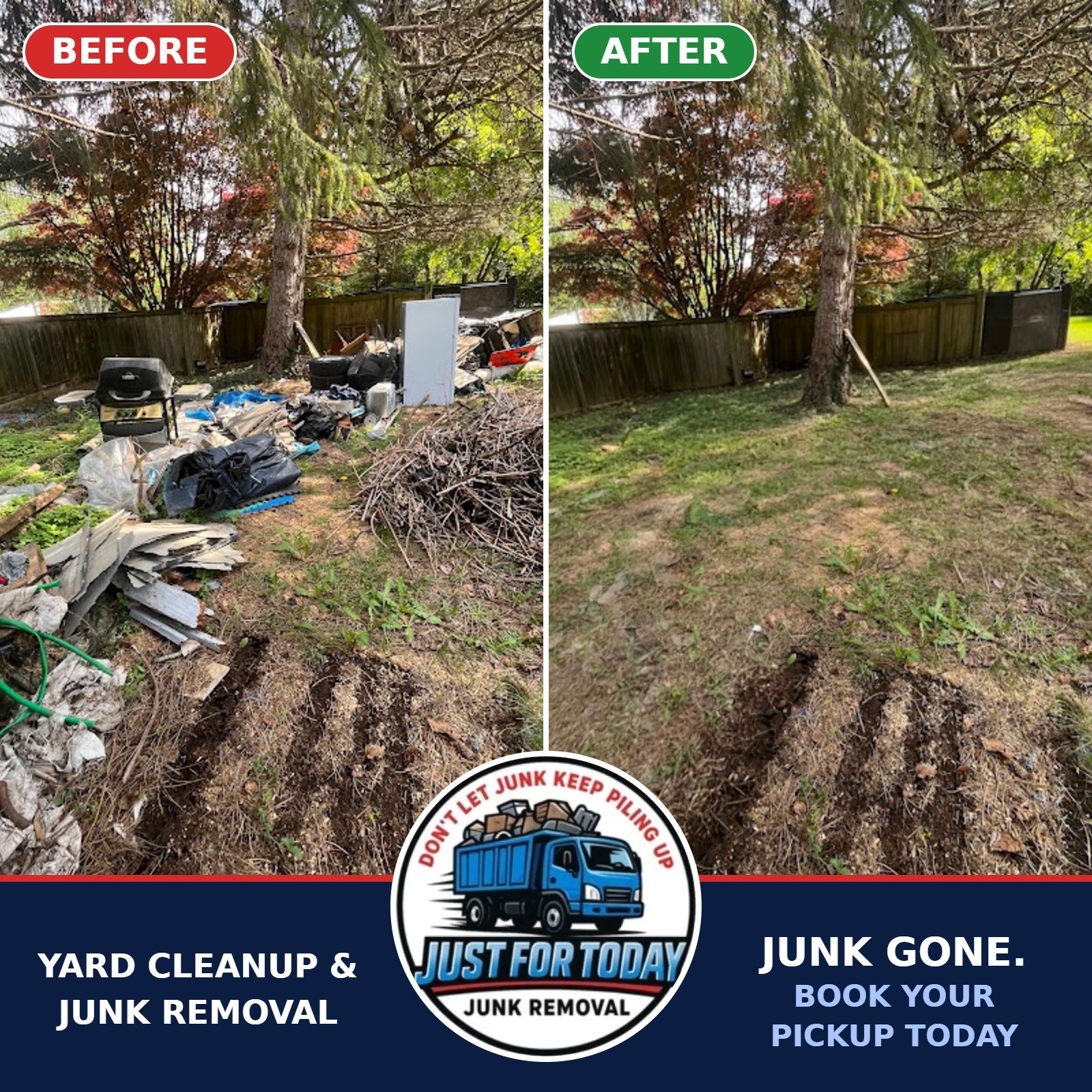 Yard cleanup and junk removal before and after